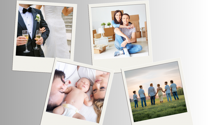 Four photos showing marriage, new home, first child, family of 6