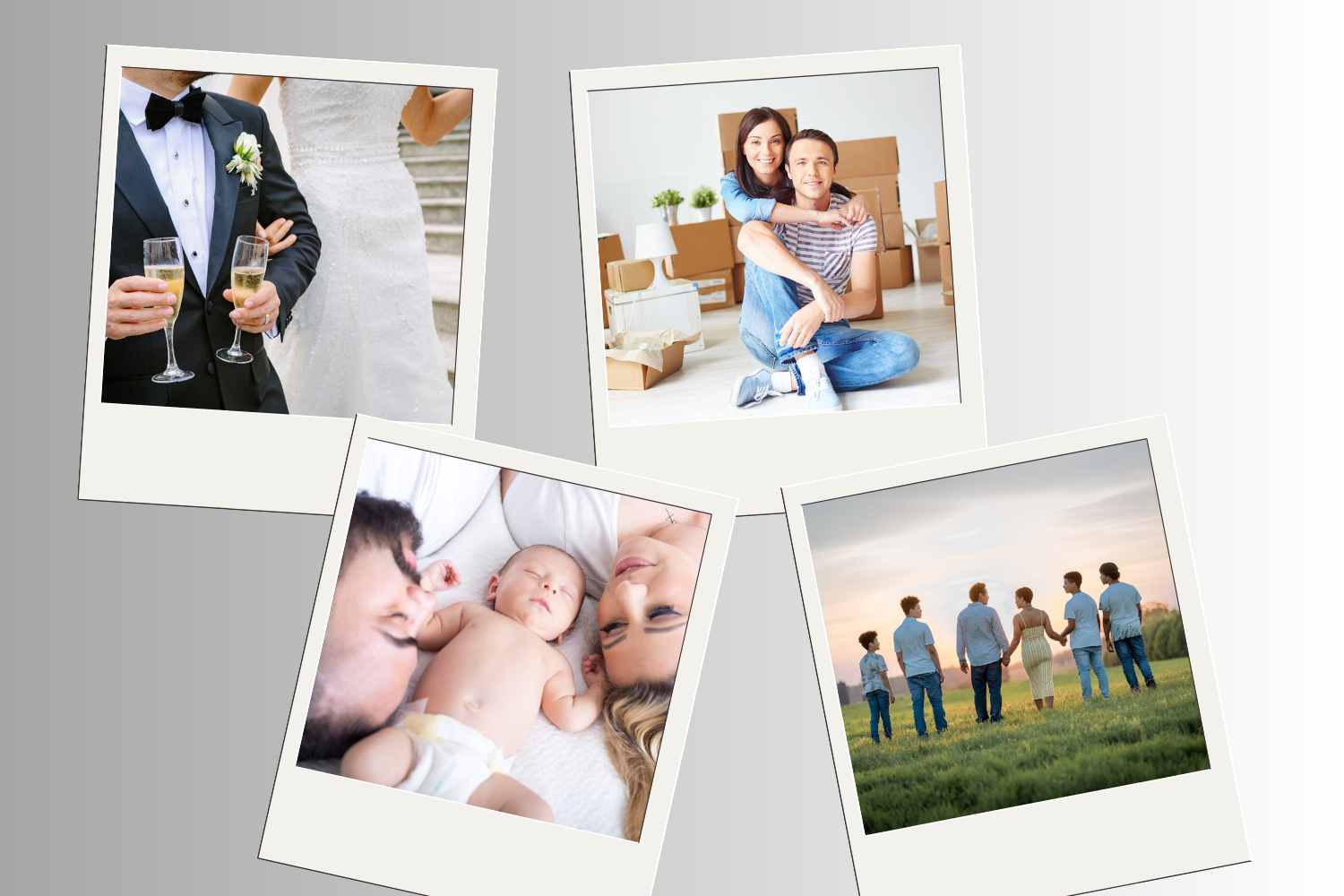 Four photos showing marriage, new home, first child, family of 6